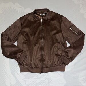 Zeagoo Brown Faux-Suede Full-Zip Bomber Jacket Small S